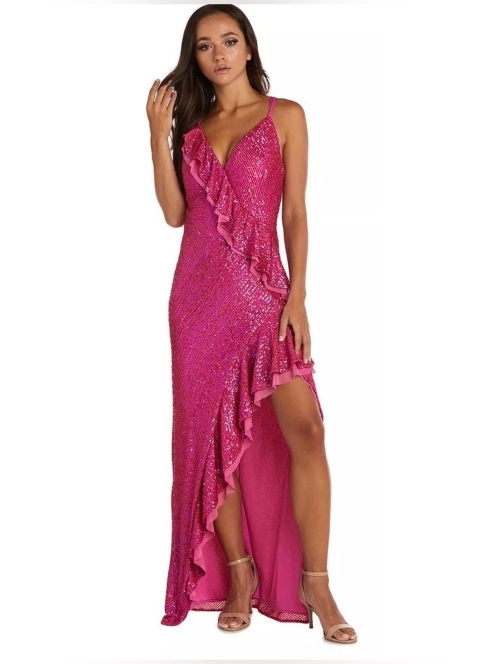 Morgan & Co. Fuchsia Sequin Ruffle High-Low Gown